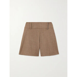 Brunello Cucinelli Bead Embellished Brown Checked Wool-Blend Shorts Size 6 - NWT